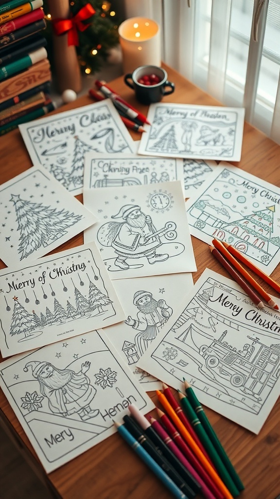 Vintage Christmas coloring book pages with Santa, trees, and winter scenes on a wooden table.